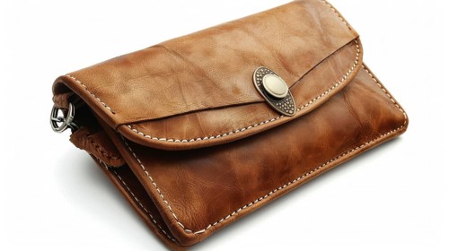 A brown leather wallet featuring a decorative clasp and detailed stitching. It has a vintage design