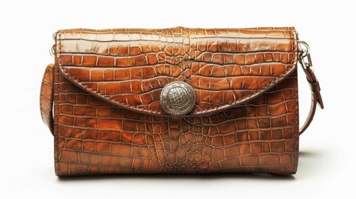 Brown leather clutch with a crocodile pattern and a vintage clasp, isolated on white background, AI