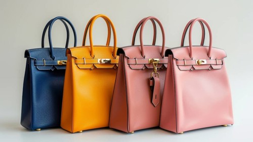 Four handbags in blue, yellow, pink, and red, made from leather, isolated on white background, AI