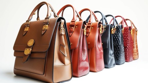Six elegant leather handbags in assorted colors featuring gold accents and diverse designs,