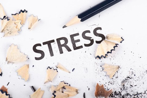 The word stress is standing on a paper, pen with eraser, burnout concept