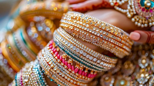 A close-up of sparkling gold bangles with intricate designs and colorful gems, radiating