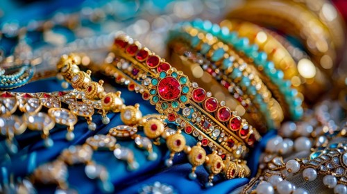A collection of colorful and intricately designed gold bangles set against a blue background,