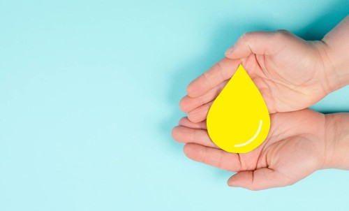 Holding a yellow drop, symbol for gas, petrol, diesel and oil, price increase caused by boycott,