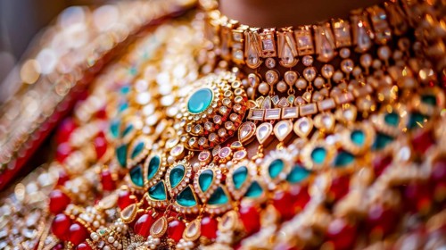 An ornate, traditional golden necklace adorned with red and emerald gemstones, capturing a vibrant,