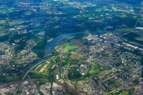 Aerial view from a great height of Hengsteysee on the right and at the bottom of the picture the