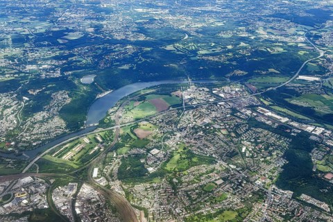 Aerial view from a great height of Hengsteysee on the right and at the bottom of the picture the