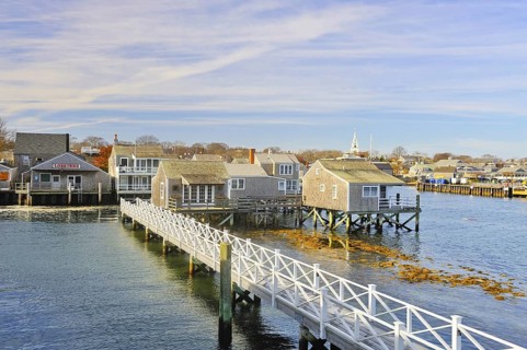 View of the island of Nantucket from the ferry arriving at Nantucket Harbor, Nantucket,