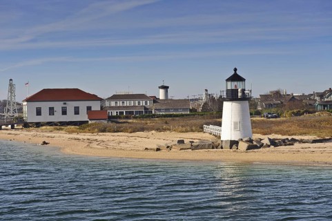 The Brant Point Lighthouse at the entrance to Nantucket Harbor. The 26 foot tall white wooden