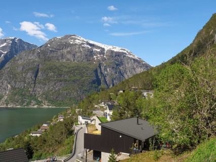 Landscape with road along the mountains, rural houses and clear skies, green vegetation, Eidfjörd,