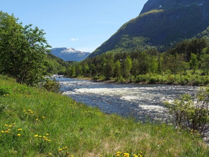 A green river landscape with meadows and trees, surrounded by mountains under a clear, sunny sky,