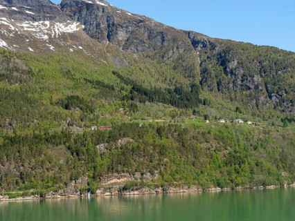 A residential area with scattered houses in the green mountains along a lake, Eidfjörd, Norway,