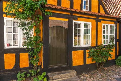 Faborg, Faaborg, picturesque old town with colourful houses, detail, half-timbered house from 1730,