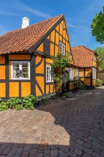 Faborg, Faaborg, picturesque old town with colourful houses, half-timbered houses, plants, gabled