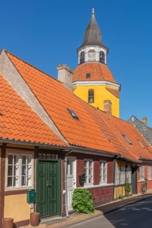 Faborg, Faaborg, picturesque old town with colourful houses, landmark bell tower, gabled houses,