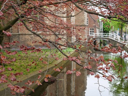 An idyllic canal with a small bridge and hanging branches with red leaves in front of old brick