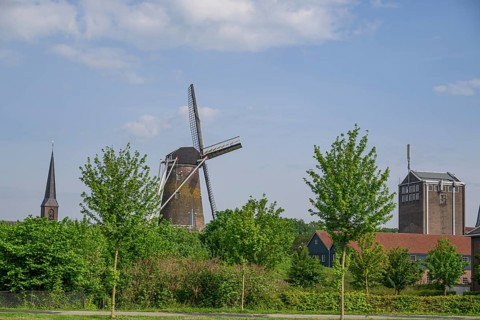 Windmill and church tower rise above the trees and buildings of a village under a clear sky,