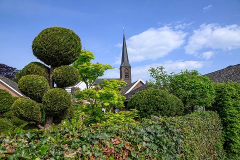 Church tower rises above neatly trimmed bushes and garden plants of a village under a clear sky,