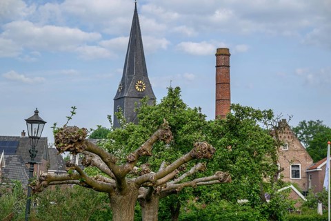 Quiet village scene with a high church tower, an old chimney and green trees in sunny weather,