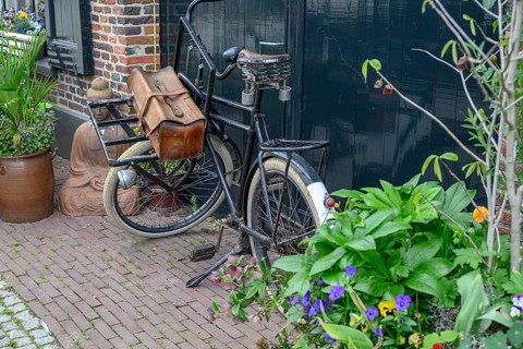 Old bicycle with bags in a cosy alley with many plants and flower pots, Bredevoort, gelderlande,
