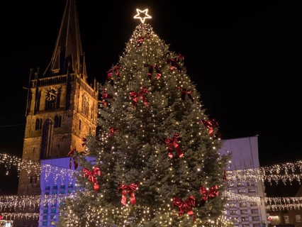 Large Christmas tree with lights and red bows, illuminated by a shining star, next to a church at