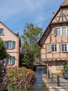 Half-timbered houses by the river with flowers and a bridge in a European town, Wissembourg,