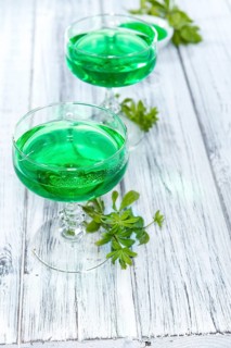 Portion of homemade Woodruff Jello (on a bright background)