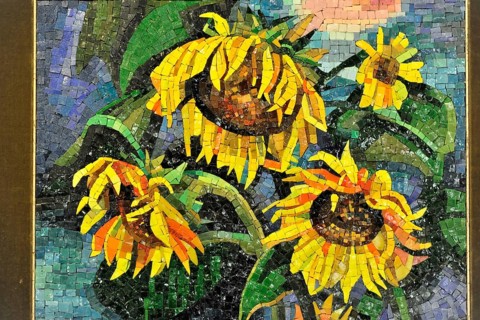 Montepulciano, Tuscany, Italy, Europe, Mosaic artwork with colourful sunflowers, filled with bright