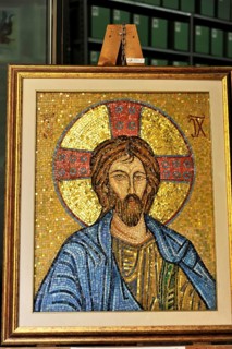Montepulciano, Tuscany, Italy, Europe, Golden mosaic of Jesus Christ framed in traditional