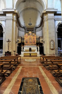 Montepulciano, Tuscany, Italy, Europe, The interior of a church with wooden benches and a