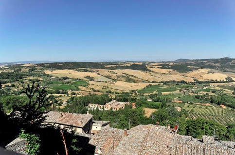 Montepulciano, Tuscany, Italy, Europe, Wide panoramic view over a rural landscape with fields and