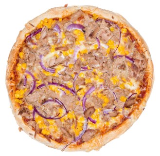 Fresh made Tuna Pizza with corn and red onions isolated on white backgroun