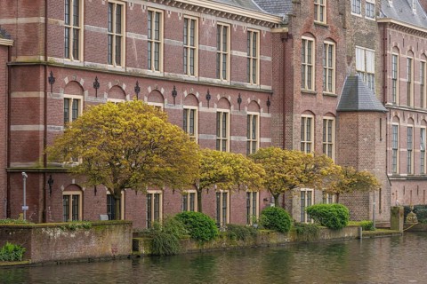 A historic brick faÃ§ade with many windows, lined with trees and close to a body of water, The