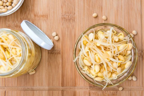 Preserved Soy Sprouts (close-up shot) on wooden background