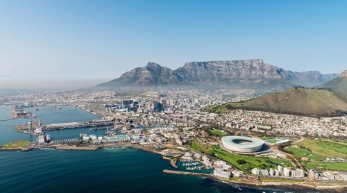 Cape Town, South Africa (aerial view from a helicopter) with the stadium in the focus