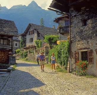 Street in the old village of Sonogno in the Verzasca valley, Ticino region, Switzerland, Europe.