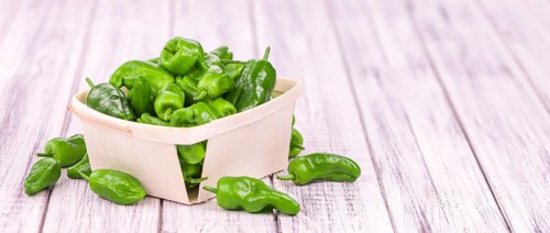 Raw Pimientos on rustic wooden background as close-up shot