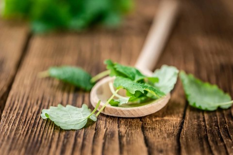 Balm on rustic wooden background (close-up shot)
