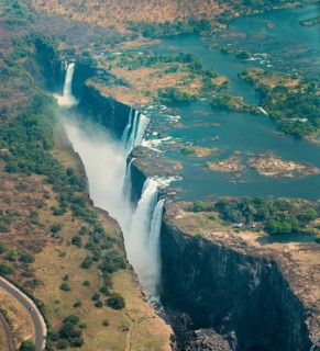 Victoria Falls in Zimbabwe at drought, aerial shot made from a helicopter