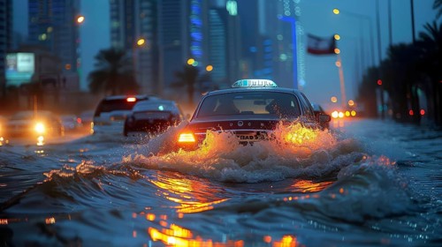 Taxi driving through a heavily flooded street at night, water splashing and reflecting city lights,