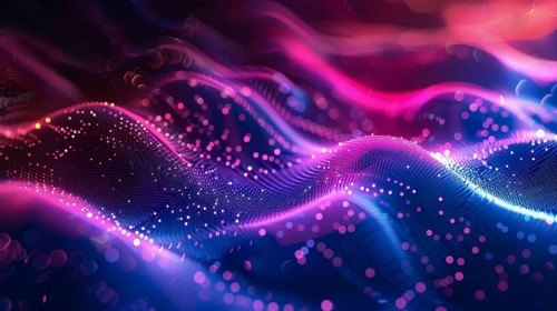 Abstract neon light waves in pink, blue, and purple with sparkles, producing a vibrant and