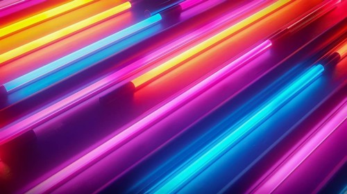Close-up of neon lights in pink, blue, and orange lines, creating a vibrant and futuristic glowing