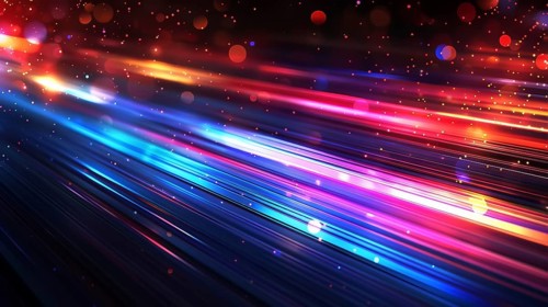 Streaks of neon lights in red, blue, purple, and orange creating a vibrant and futuristic