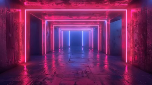 A rectangular room with neon lights in pink and blue, creating reflections on the floor and walls,