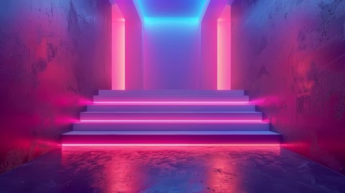 Neon-lit stairs with pink and blue hues, reflecting a modern and futuristic design with a glowing
