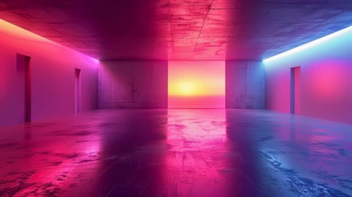 A large room lit by neon lights with a blend of pink, blue, and warm colors, creating a futuristic