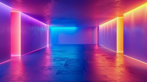 An empty room illuminated by neon lights in purple, blue, and orange, with reflections on the