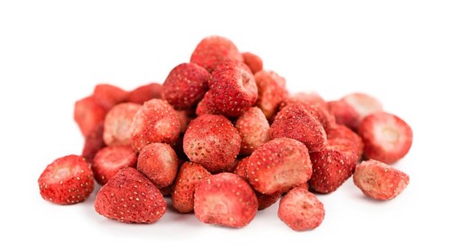 Fresh made Strawberries (dried) isolated on white background, close-up shot