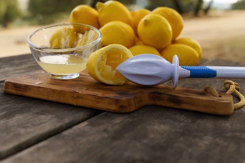 Lemon squeezed with a hand juicer on a wooden table in the field with a pile of lemons and trees in