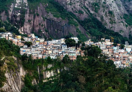 Favela Vidigal in Rio de Janeiro during sunset, aerial shot from a helicotper